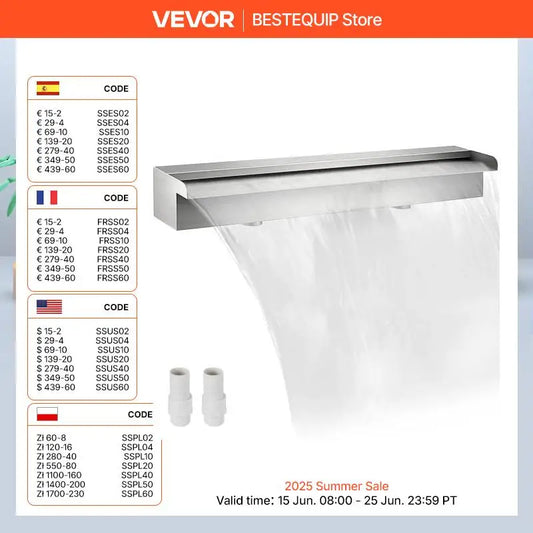 VEVOR Waterfall Pool Fountain Stainless Steel W/ Pipe Connector Spillway Garden Outdoor Pond Rectangular Swimming Pool Fountain