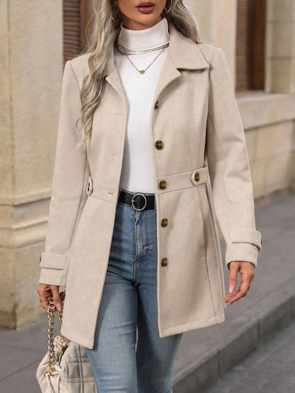 Women'S Autumn Winter Woolen Overcoat - Lapel Button Elegant Slim Fit Long Coat