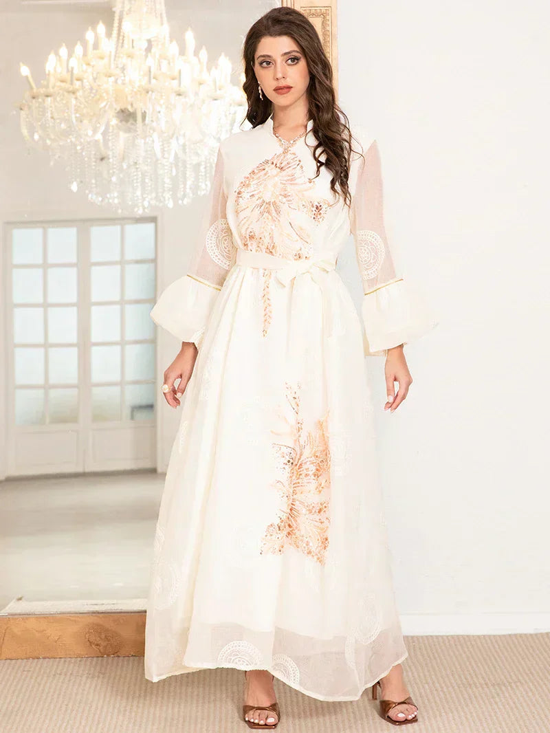 Elegant High Neck Arab Thobe Dress with Polka Dot Jacquard Embroidery & Lantern Sleeves, Modern Traditional Design