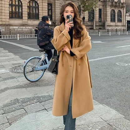 Women'S Blue Korean Style Loose Woolen Coat - Fashion Autumn Winter Outerwear