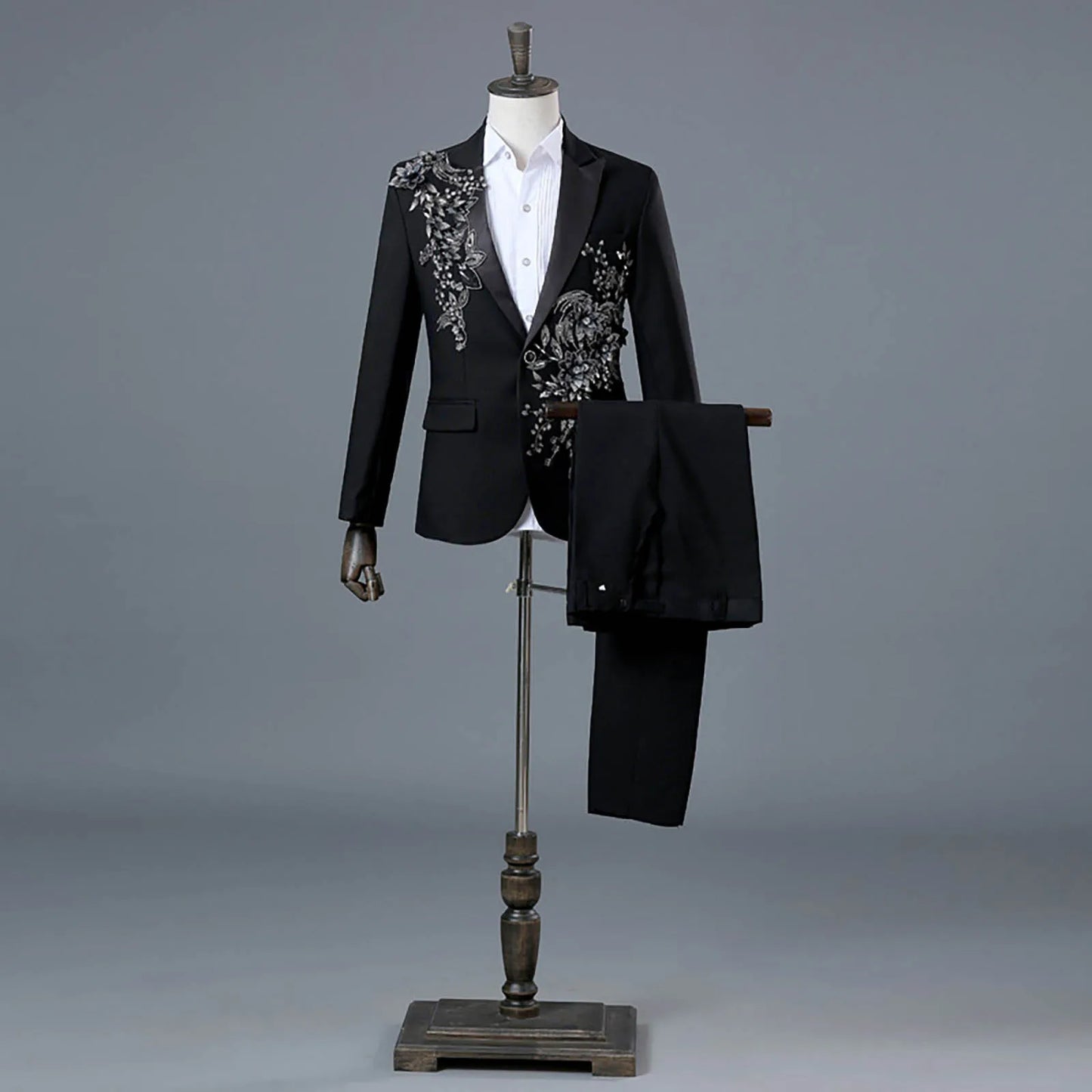 Floral Embroider Men'S Suits Singer Nightclub Wedding Party Host One Button Slim Gentleman Blazer Jackets+Pant Sets 2 Piece Set