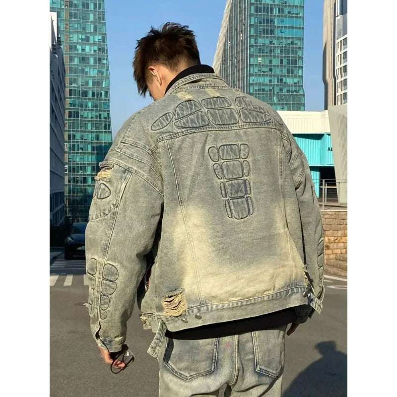 New Jackets Hip Hop Gothic Patchwork Denim Jacket Men'S Washed Retro Ripped Loose Winter Jacket Men'S Solid Color Streetwear