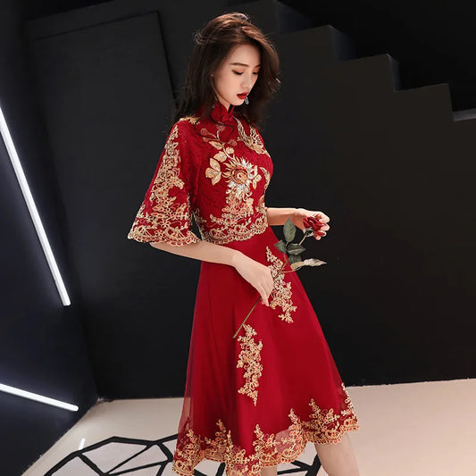 Burgundy Embroidery Oriental Style Banquet Dresses Chinese Women Qipao Traditional Wedding Cheongsam Elegant Evening Party Gowns