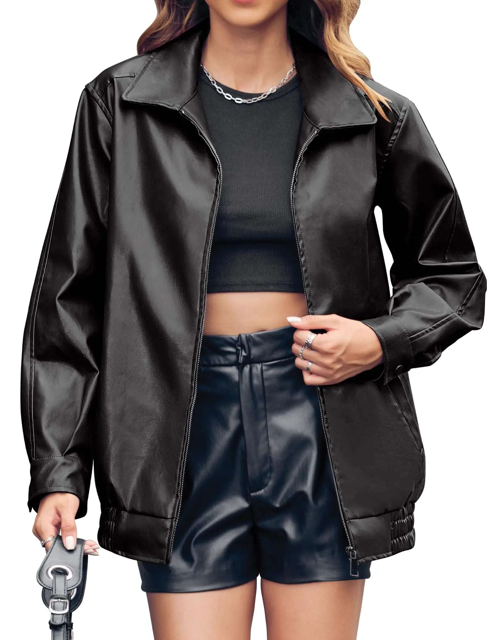 Fashion Women's Oversized Faux Leather Jackets Casual Zip Up Trendy  Motorcycle Windproof Jacket With Pockets