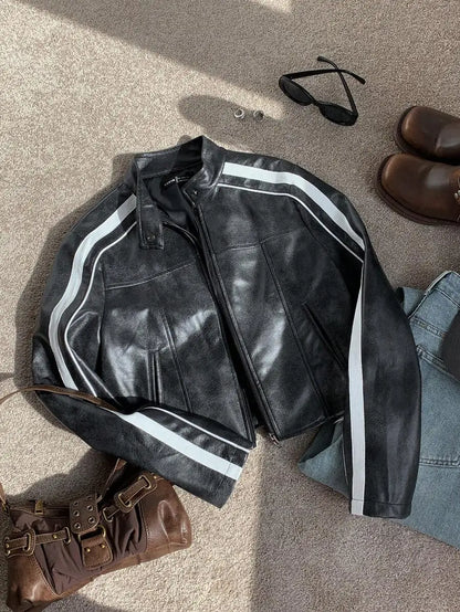 Women'S Striped Long Sleeve Casual Brown Faux Leather Motorcycle Cropped Jacket, Autumn