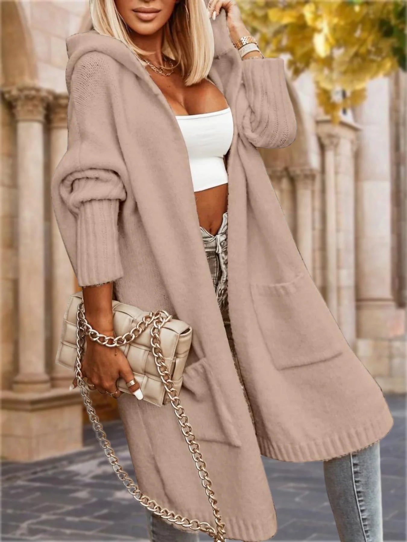 Women's Long Cardigans Cable Knitted Open Front Oversized Hooded Outerwear Sweater Coat