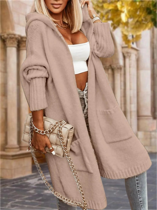 Women's Long Cardigans Cable Knitted Open Front Oversized Hooded Outerwear Sweater Coat