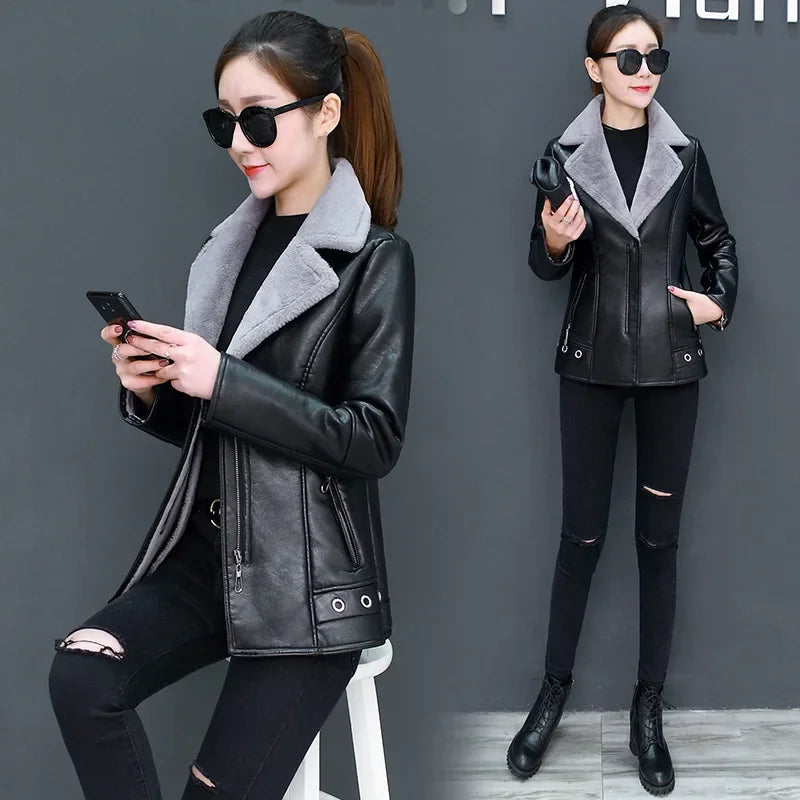 Women Leather Jacket Turn Collar Thicken Plus Velvet Fur One Moto & Biker Female Jacket Women Winter Jacket Oversize