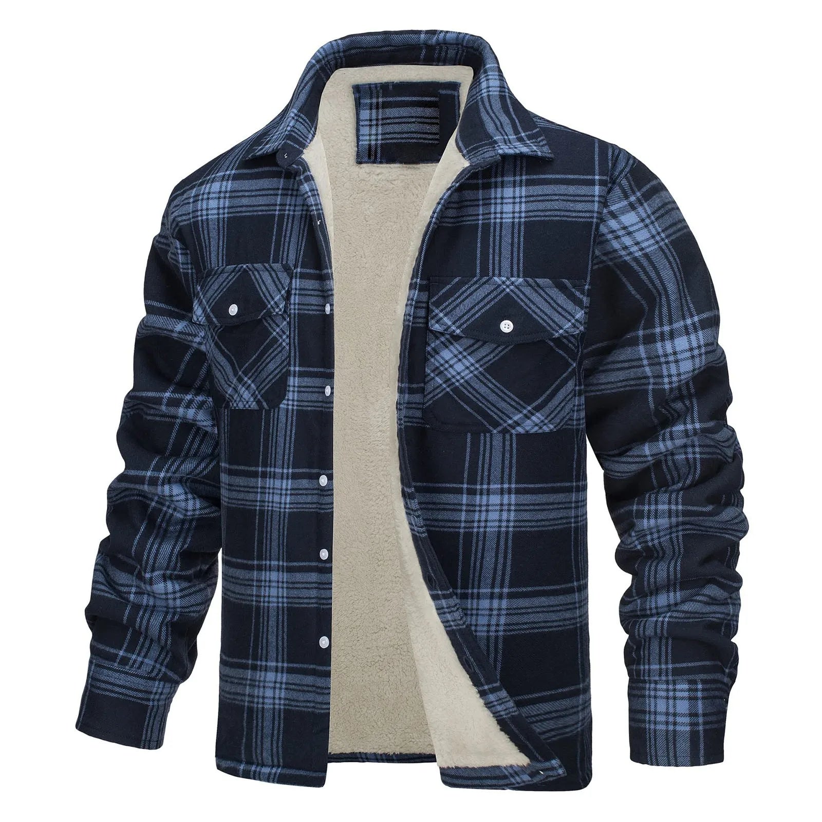 Men Fall Winter Jacket Plaid Print Lapel Soft Plush Long Sleeve Single-Breasted Loose Thickened Casual Mid Length Men Coat