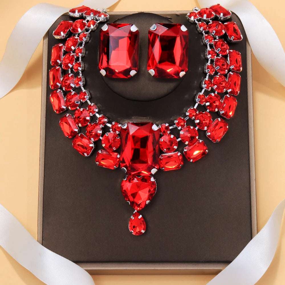 Stonefans Red Exaggerate Necklace Earrings Set Wedding Accessories Geometric Rhinestone Nigerian Bridal Jewelry Set For Women'S