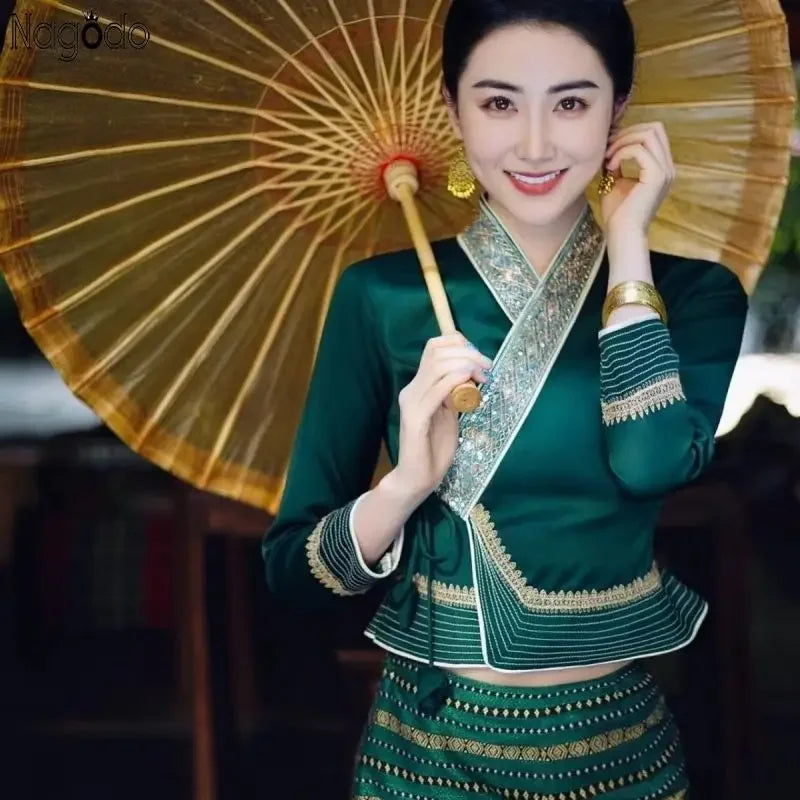 Quality Thailand Traditional Clothing Thai Dress Vintage Women Dresses Set Dai Festival Costume 2piece Set tea clothes N1207-1