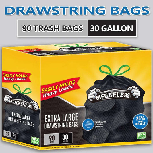 Xtratuff  Large Kitchen Drawstring Trash Bags 30 Gallon Black Trash Bag Unscented 90 Count Garbage Bags Strong Rubbish Bag