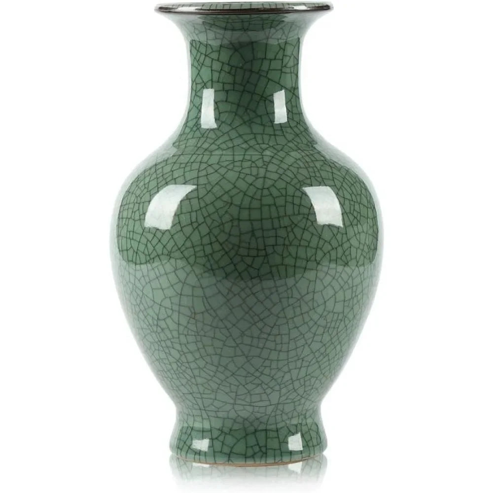 Chinese Ceramic Art Handmade Antique Ice Crack Glaze Vases Big China Porcelain Flower Bottle Vase for Home Decoration(Green)