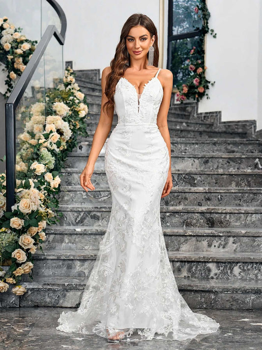 Ladies Dresses Sleeveless Camisole V-neck Sequined Mermaid White Wedding Dress Backless Lace Floor Length Evening Women Gown