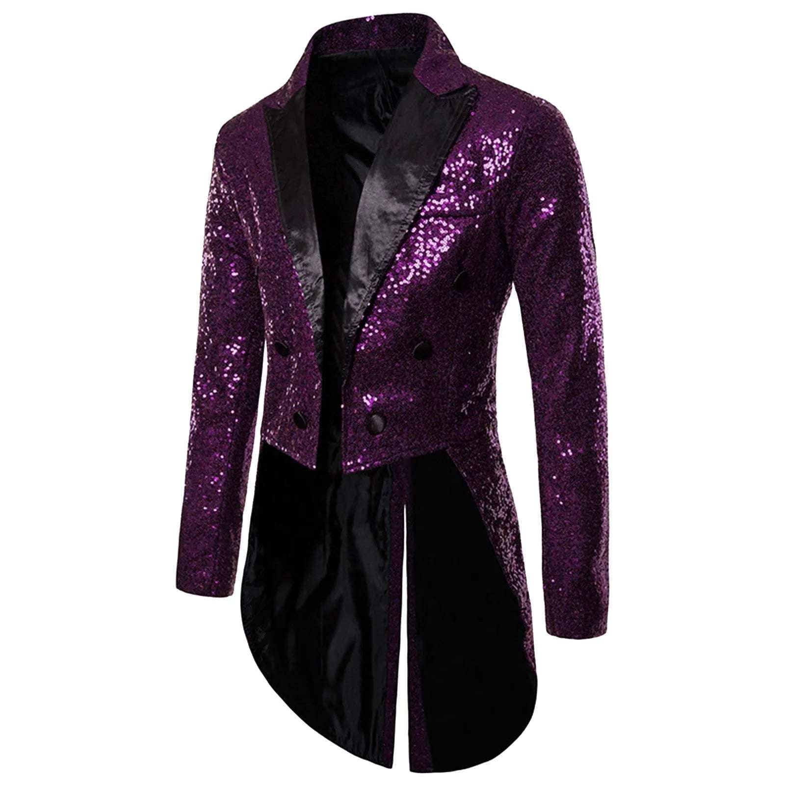 Menhiny Sequin Suit Long Tuxedo Banquet Nightclub Show Sequins Jacket Fashion Slim Waist Design Men's  Irregular Coat