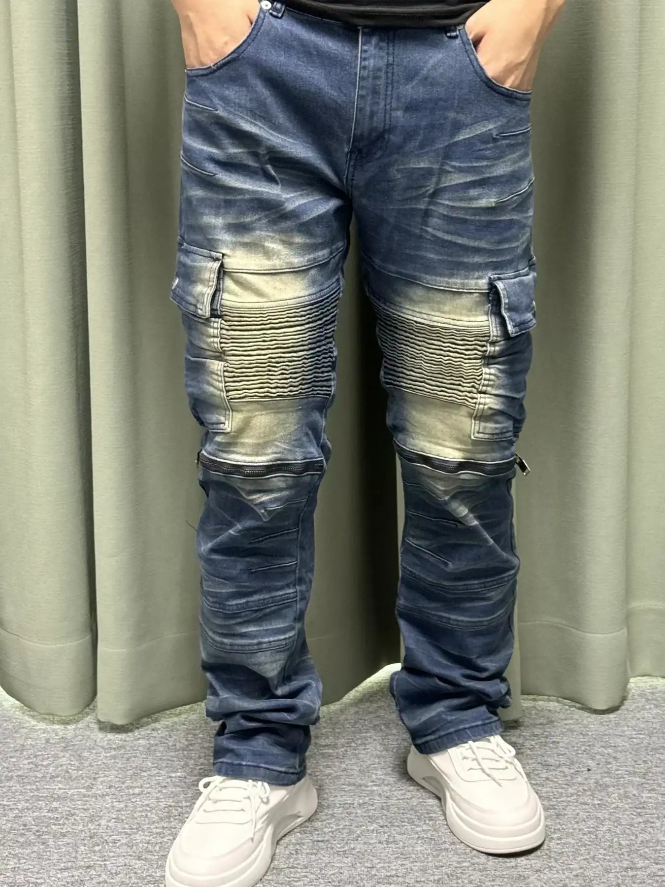 Men's stretch denim pants, multi-pocket design, 4 decorative zippers, full 3D crepe cat wash, suitable for all seasons-23314