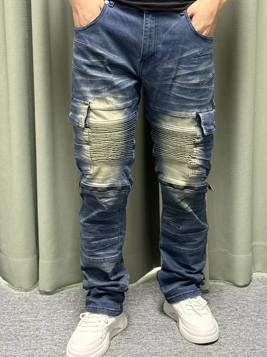 Men's Stretch denim pants, multi-pocket design, 4 decorative zippers, full 3D crepe cat wash, suitable for all seasons-23314