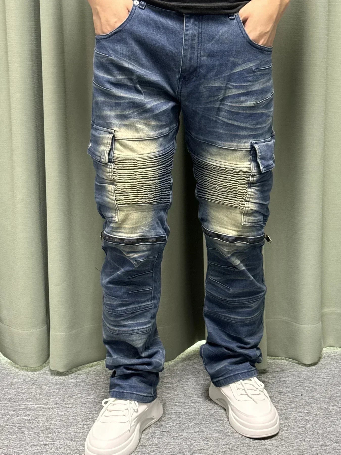 Men's stretch denim pants, multi-pocket design, 4 decorative zippers, full 3D crepe cat wash, suitable for all seasons-23314