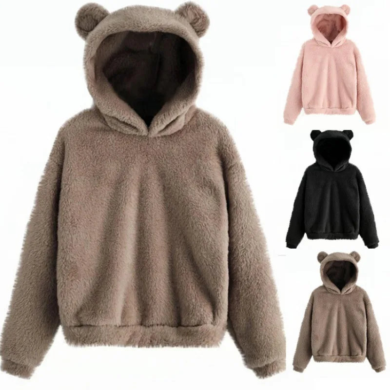 Autumn Winter WoMen's Hoodies Winter Women Long Sleeve Rabbit Ear Hood Sweatshirt Cute Plush Warm Casual Hoodie Tops