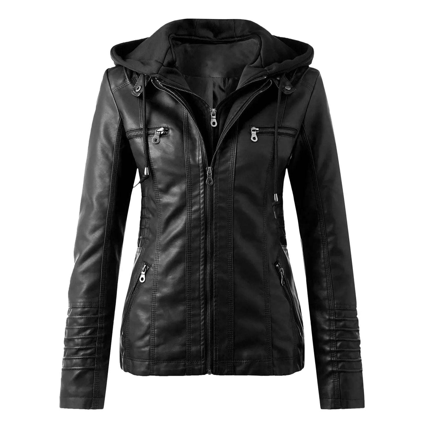 Pu Leather Women'S Slim Fit Leather Hooded Zip Up Motorcycle Biker Coat Jacket Tops Long Sleeved Streetwear Clothe Autumn Winter