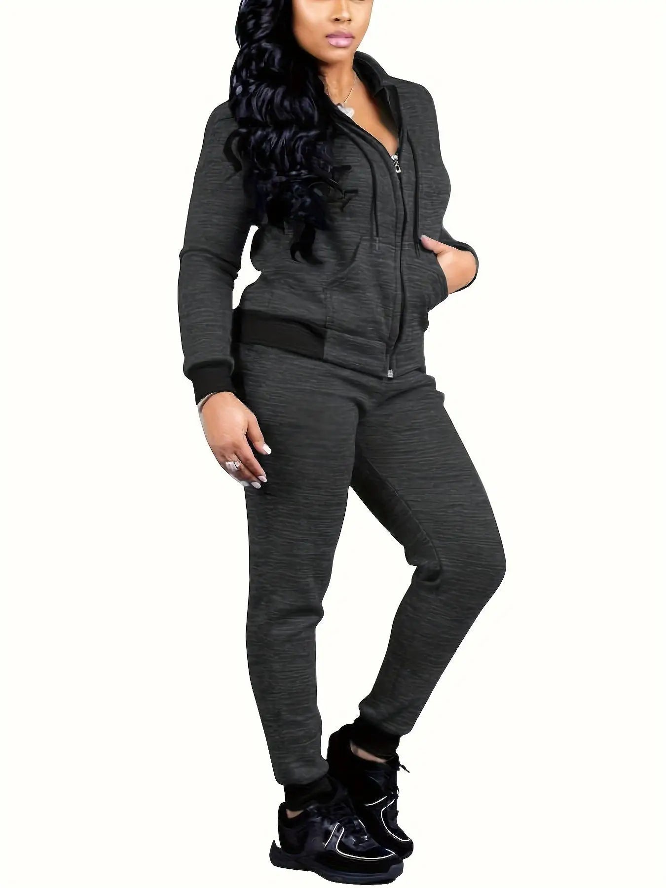 Plus Size Women'S Casual Hooded Knit Top & Pants Set  Zipper, Elastic Waist, Gray, 0Xl5Xl