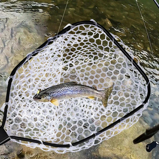 Foldable Fish Net for Trout Fly Fishing Landing Net Trout Fishing Nets with Handle Soft Rubber Mesh Net for Stream Shore Fishing