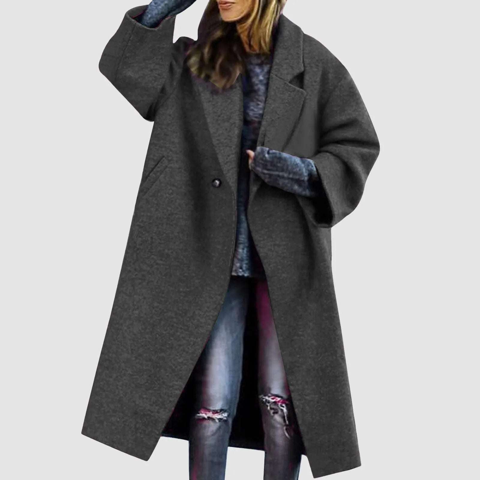 Women'S Winter Double Button Midi Long Wool Coat Temperament Commuting Notch Lapel Loose Dressy Casual Trench Coat - Green