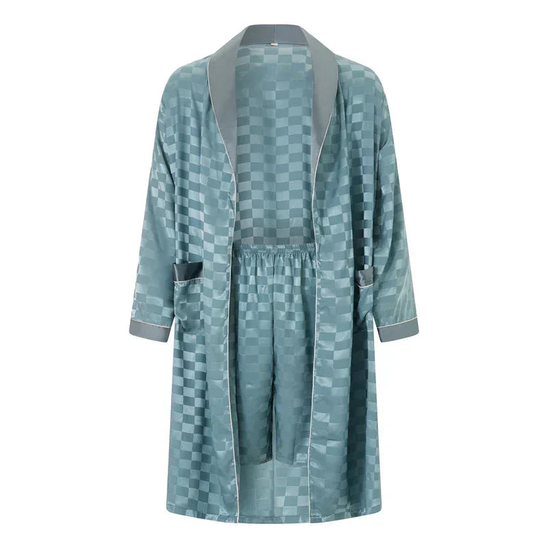 Men's Lightweight Plaid Jacquard Kimono Robe and Shorts Set for Summer Loungewear with Belt - Soft Pajama Outfit for Spa