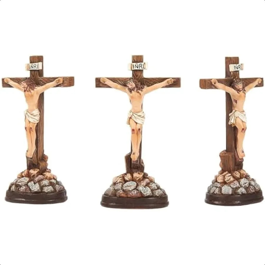 Juvale 3Pack Standing Crucifix Cross Statues Little Jesus Figures Ornate Catholic Cross Sculptures Religious Resin Icons of Chr