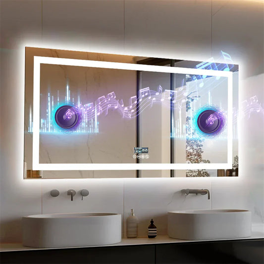 XXL Bathroom Mirror Smart LED Vanity Mirror Wall Mounted with Bluetooth, Digital Display, Back Front Lit, Anti Fog for el Hall
