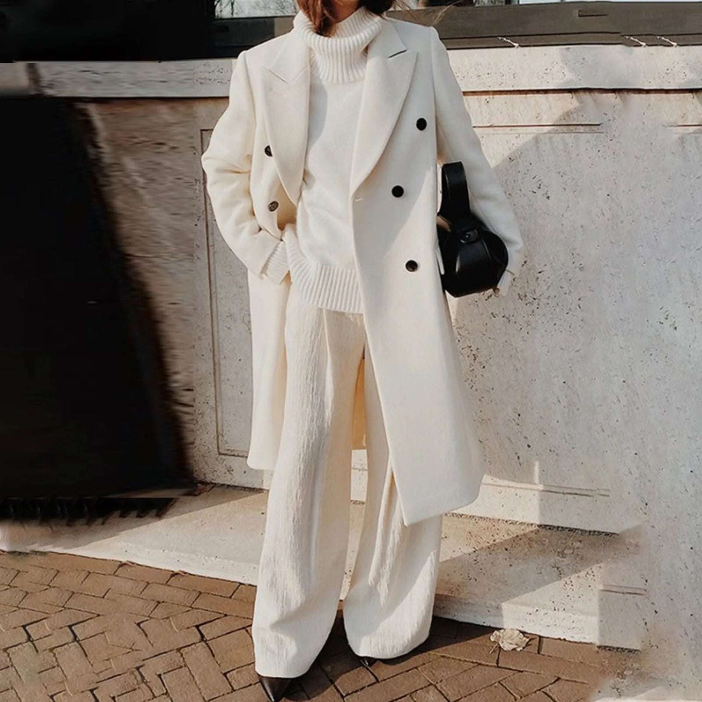 Elegant White Woolen Blend Trench Long Coat Women Chic Double Breasted