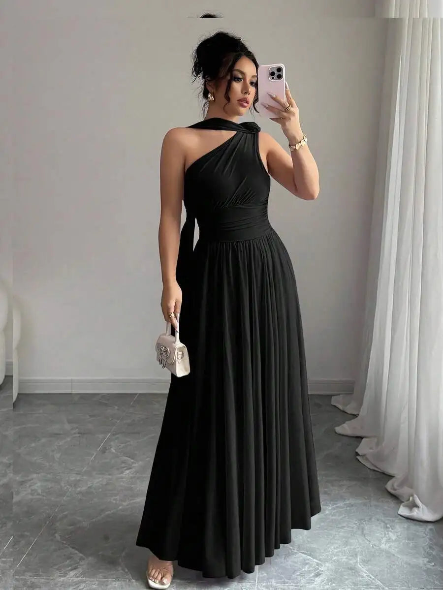 Women'S Lavender One-Shoulder Flowing Maxi Dress - Draped Neck Pleated Skirt For Weddings & Events