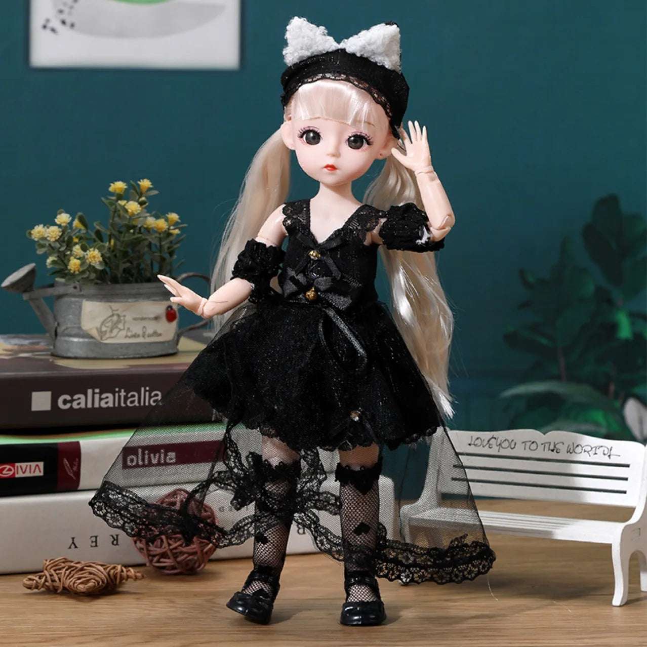 Sweet Black Cat Girl Movable Joints Birthday Gift Change Princess Doll Home Decoration Statue Black Princess Dress