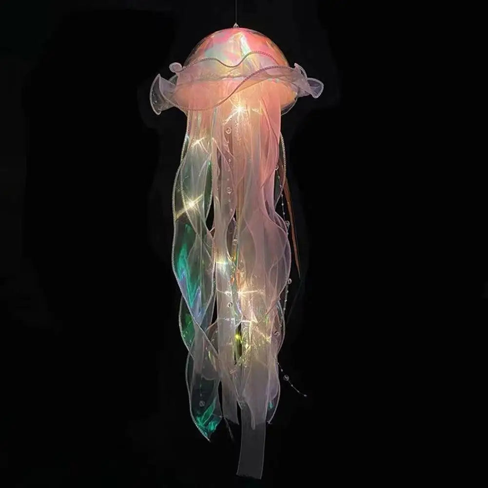 Jellyfish Atmosphere Night Light Button Battery Hanging Ceiling Lantern Realistic with Ribbon Bead for Children Bedroom