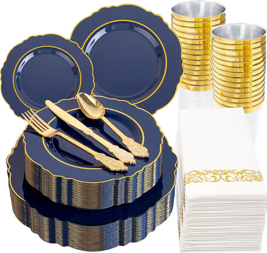 210-Piece Navy Blue Plastic Dinnerware Set For Upscale Weddings, Parties & Hanukkah - Durable Disposable Plates, Cutlery & Cups