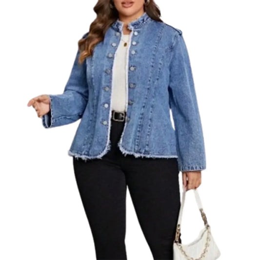 WoMen's Plus Size Denim Jacket Solid Color Stand Collar Long Sleeve Button-Down Jeans Jacket Fall Coat Outerwear