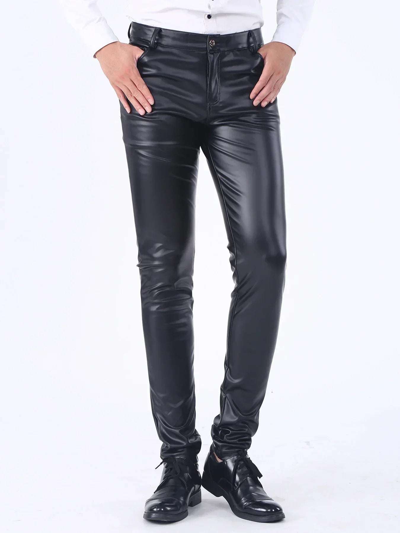 Men'S Faux Leather Pants - Slim Fit Five Pocket Stage Performance Business Jeans