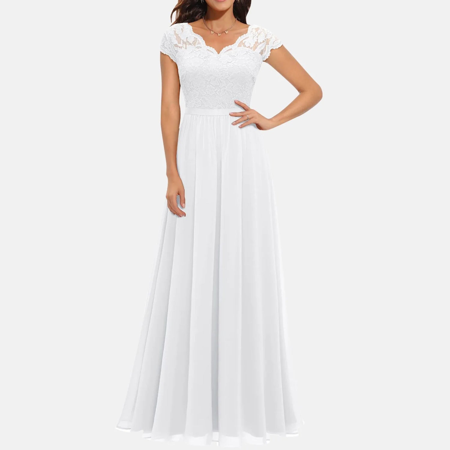 Women'S Elegant White A-Line Floral Lace Dress - Short Sleeve Evening Party & Wedding Guest Dress