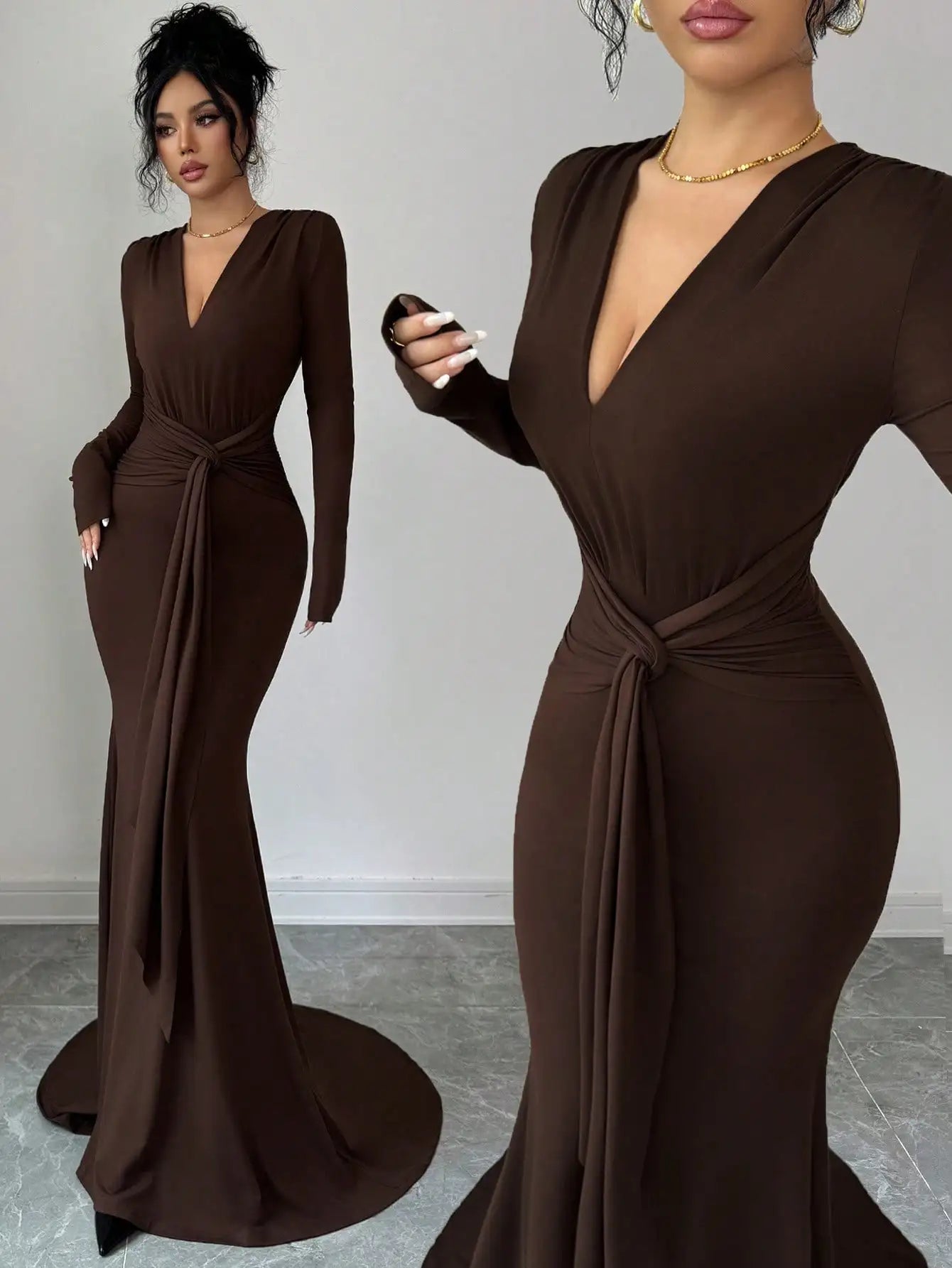 Brown Deep V-Neck Mermaid Dress With Waist Tie, Long Sleeve Evening Go