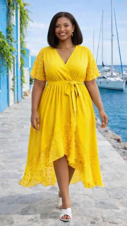 Women'S Plus Size Summer Midi Dress “ Flowy V-Neck, Tie Waist, Casual Vacation & Travel Dress