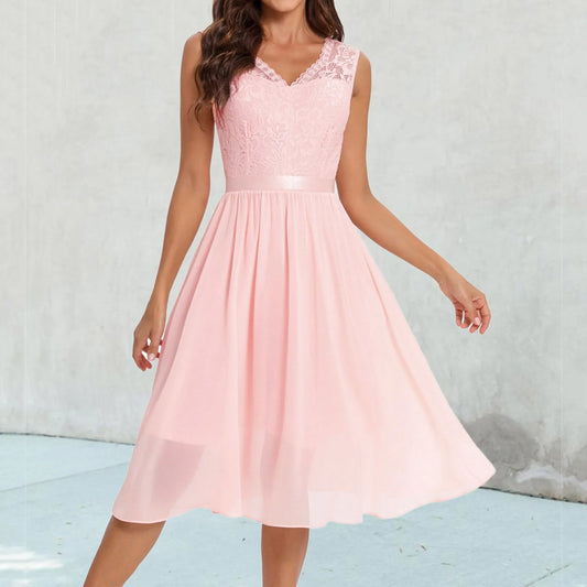 Soild Lace Dress Women'S Sleeveless Bridesmaid Dress Summer Party Prom