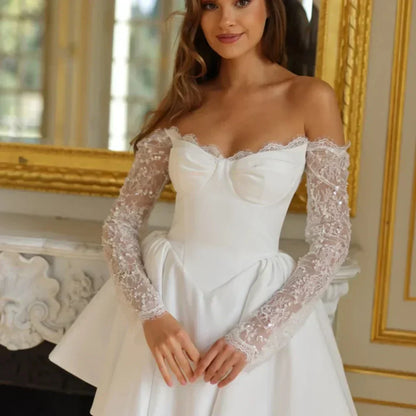 Amanda Customized White Lace Long Sleeves Strapless Short Skirt Serene Hill Dresses Satin Wedding Dress 2024