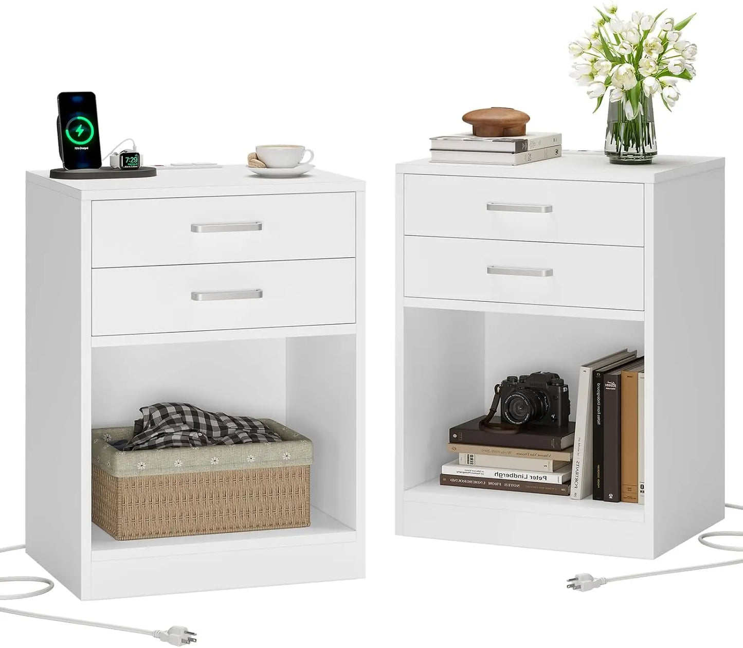 Nightstands Set of 2,White Night Stand with Charging Station & Drawers, Night Stands for Bedrooms 2