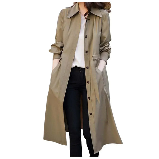 Women Overcoats Single Breasted Tie Waist Belted Korean Knee Length TrenOffice Lady Business Lapel Lightweight Coats