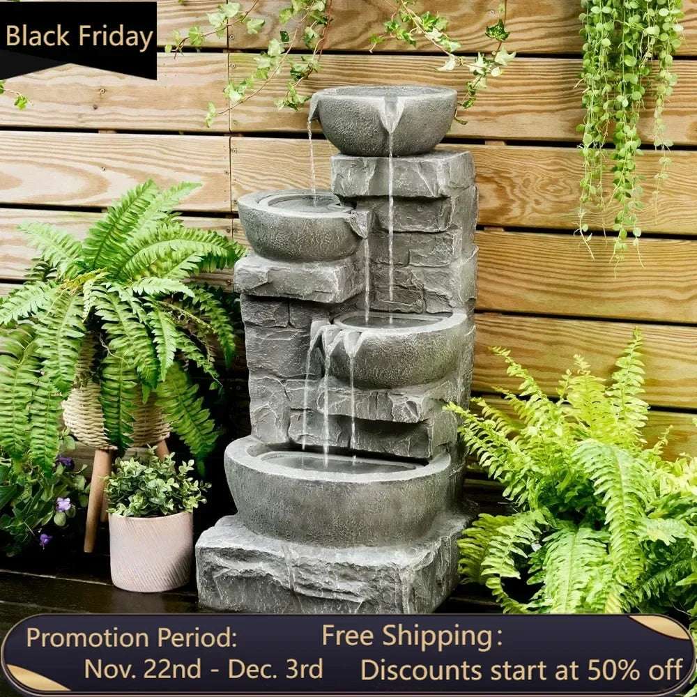 Home 33.25 In. Cascading Bowls And Stacked Stones Led Outdoor Water Fountain For Gardens, Landscaping, Patios, Balconies, And