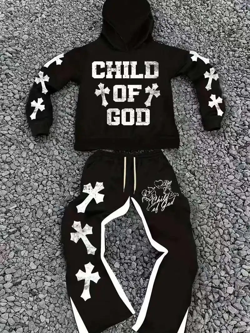 Men's Street Style 'Son of God' Graphic Hoodie & Sweatpants Set - Trendy Long Sleeve Hooded Sweatshirt with Cross Print Design