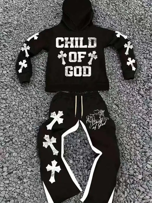 Men's Street Style 'Son of God' Graphic Hoodie & Sweatpants Set - Trendy Long Sleeve Hooded Sweatshirt with Cross Print Design