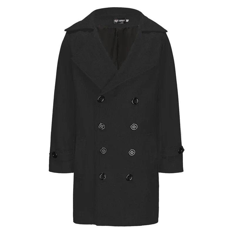 Classic Wool Blend Peacoat with Notched Lapel and Button Closure for Men's Winter Fashion Outerwear Warm Overcoat Coat