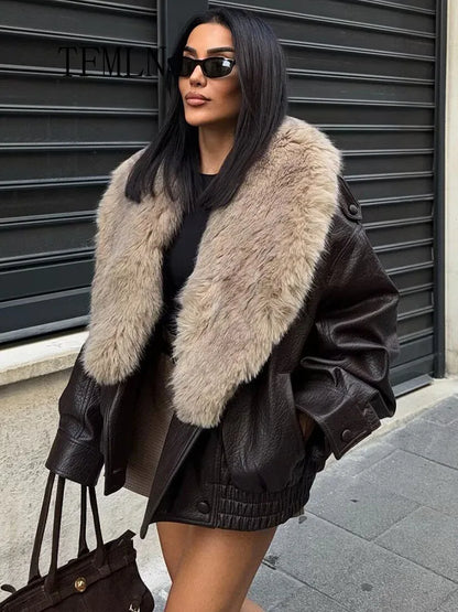 Women'S Loose Faux Leather Jacket With Removable Big Fur Collar  Double-Breasted High Street Coat