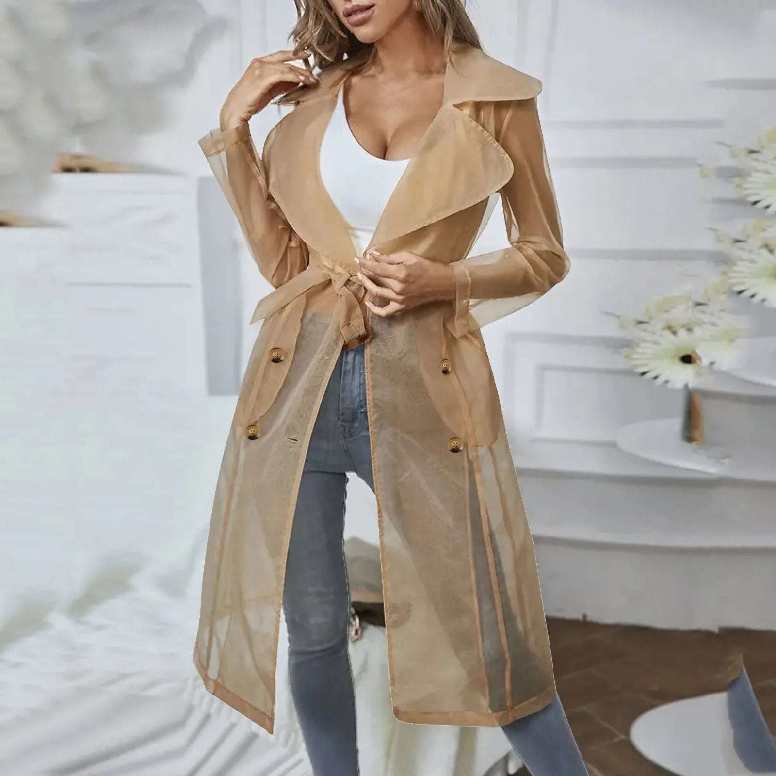 Jackets For Women'S Mesh Transparent Overcoat Long Sleeve Buttoned Coat With Belt Turndown Collar Light Weight Long Jackets